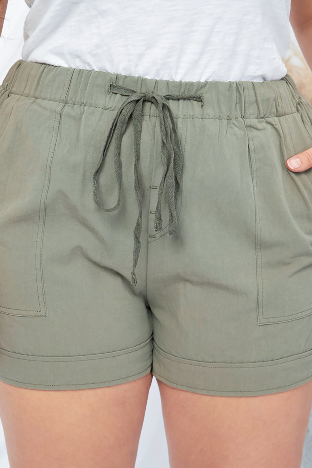 Green Gray Black/Fiery Red/Blue/Green/Gray/Apricot Elastic Waist Drawstring Pocket Shorts