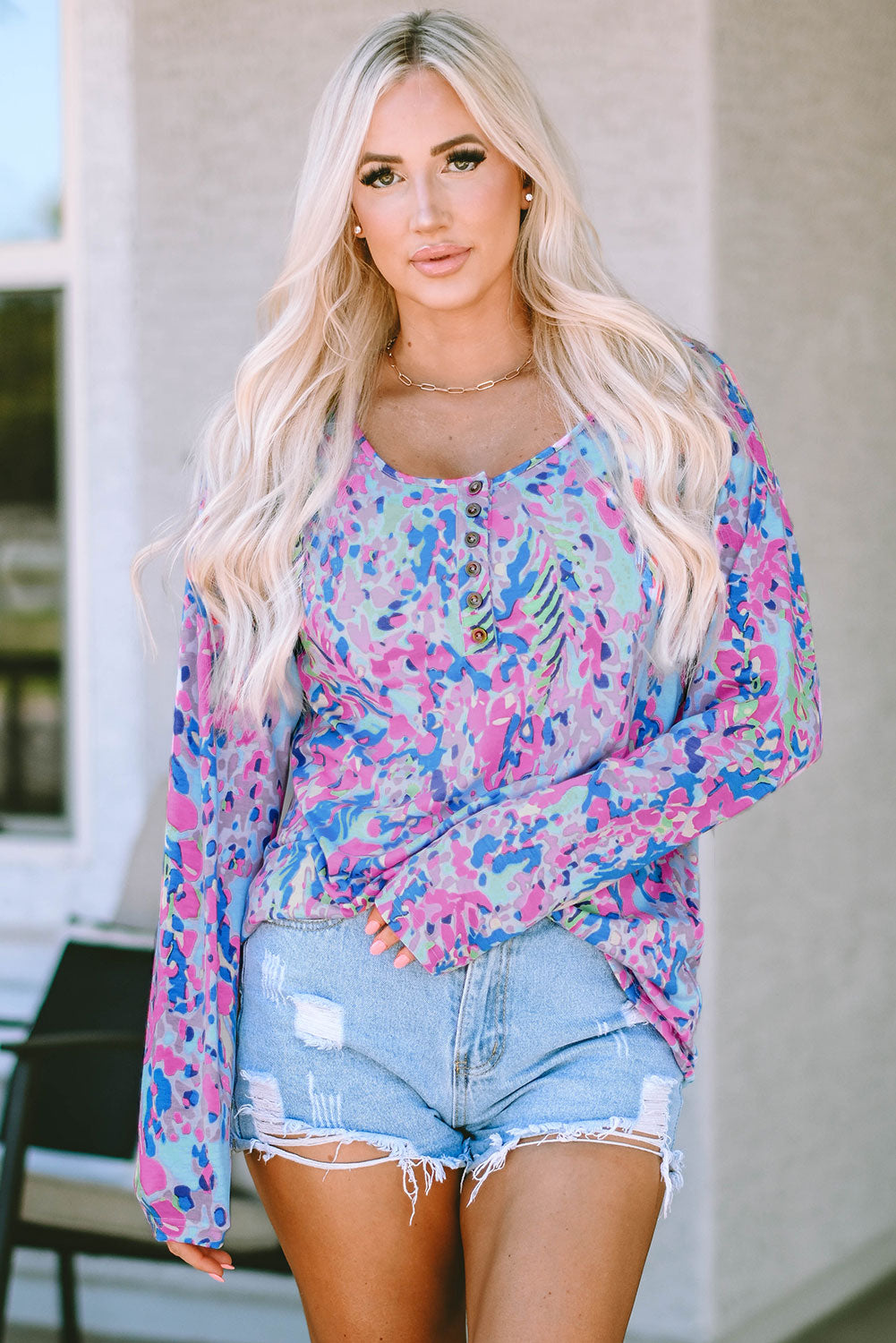 Multicolor Printed Wide Neck Thumbhole Sleeve Henley Top