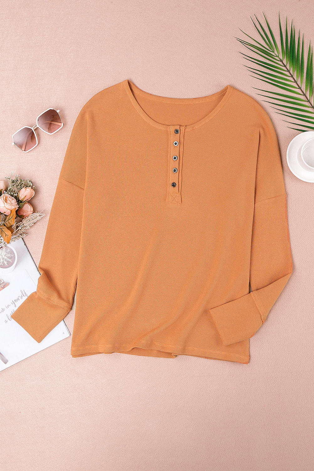 Orange Waffle Knit Henley Top