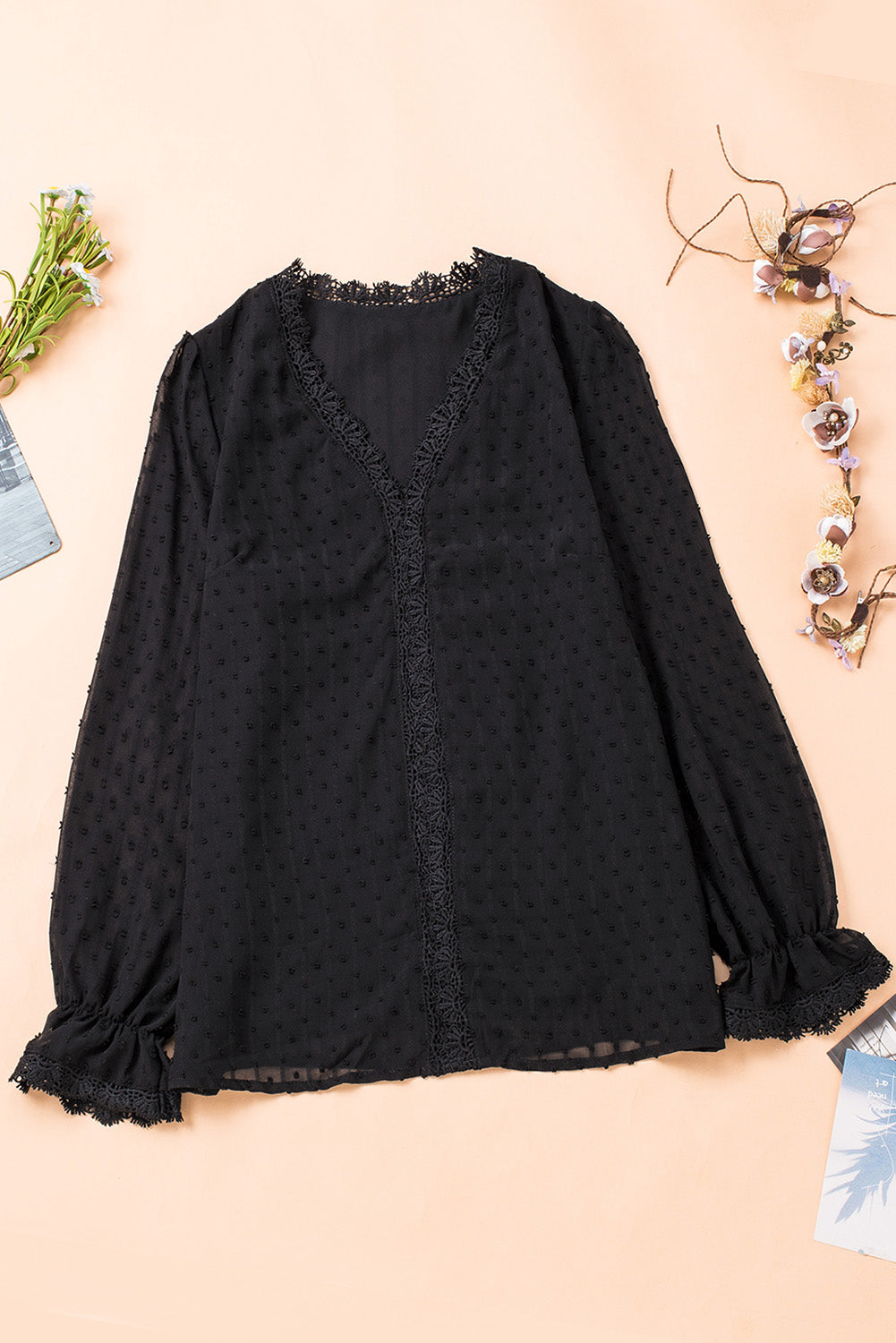 Black Elegant V-Neck Swiss Dot Lace Blouse