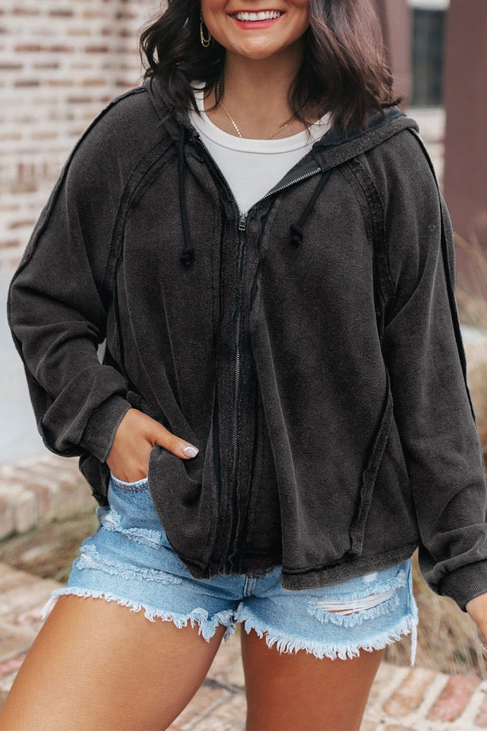 Gray Solid Color Oversized Zip Up Hoodie with Pockets