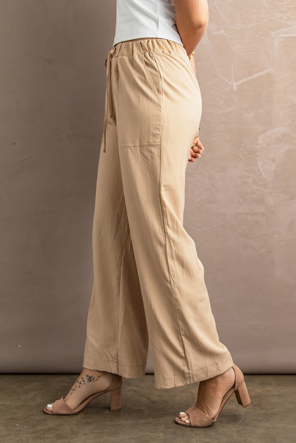 Khaki Drawstring Waist Crinkled Wide Leg Pants