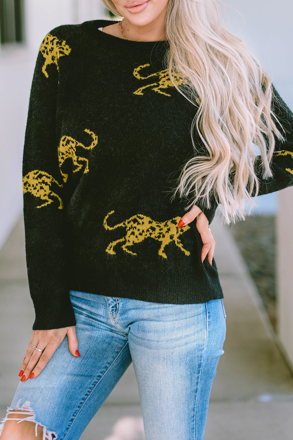 Black Cheetah Pattern Knit Round Neck Sweater