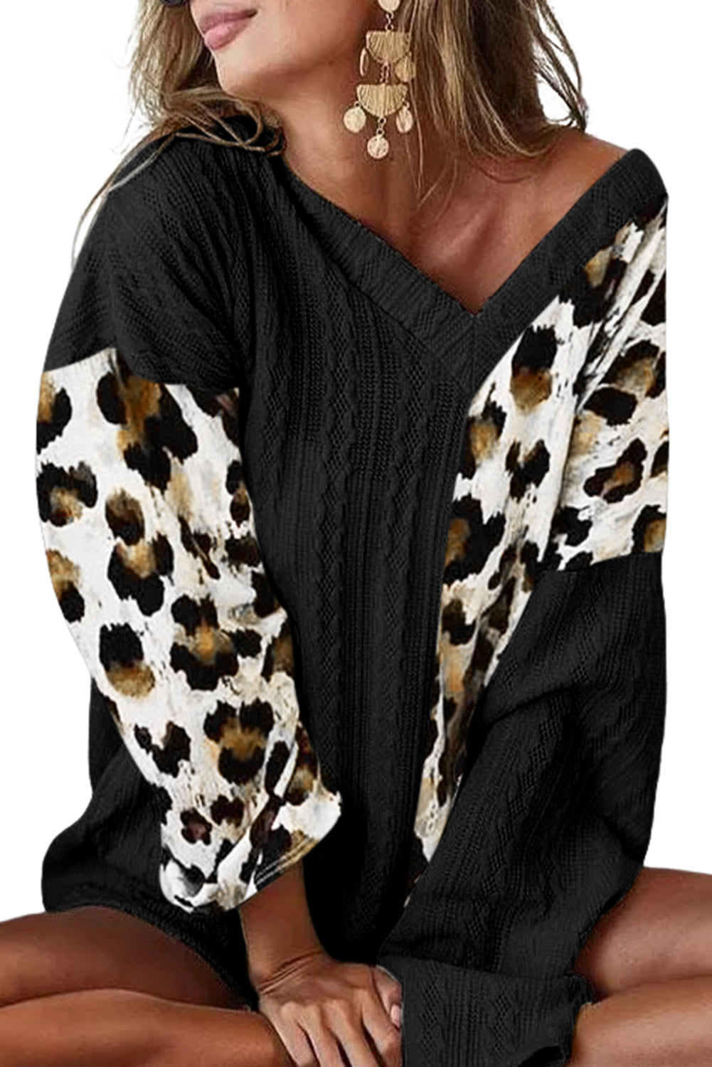 Black Asymmetric Leopard Patchwork Wide Sleeve V Neck Sweater