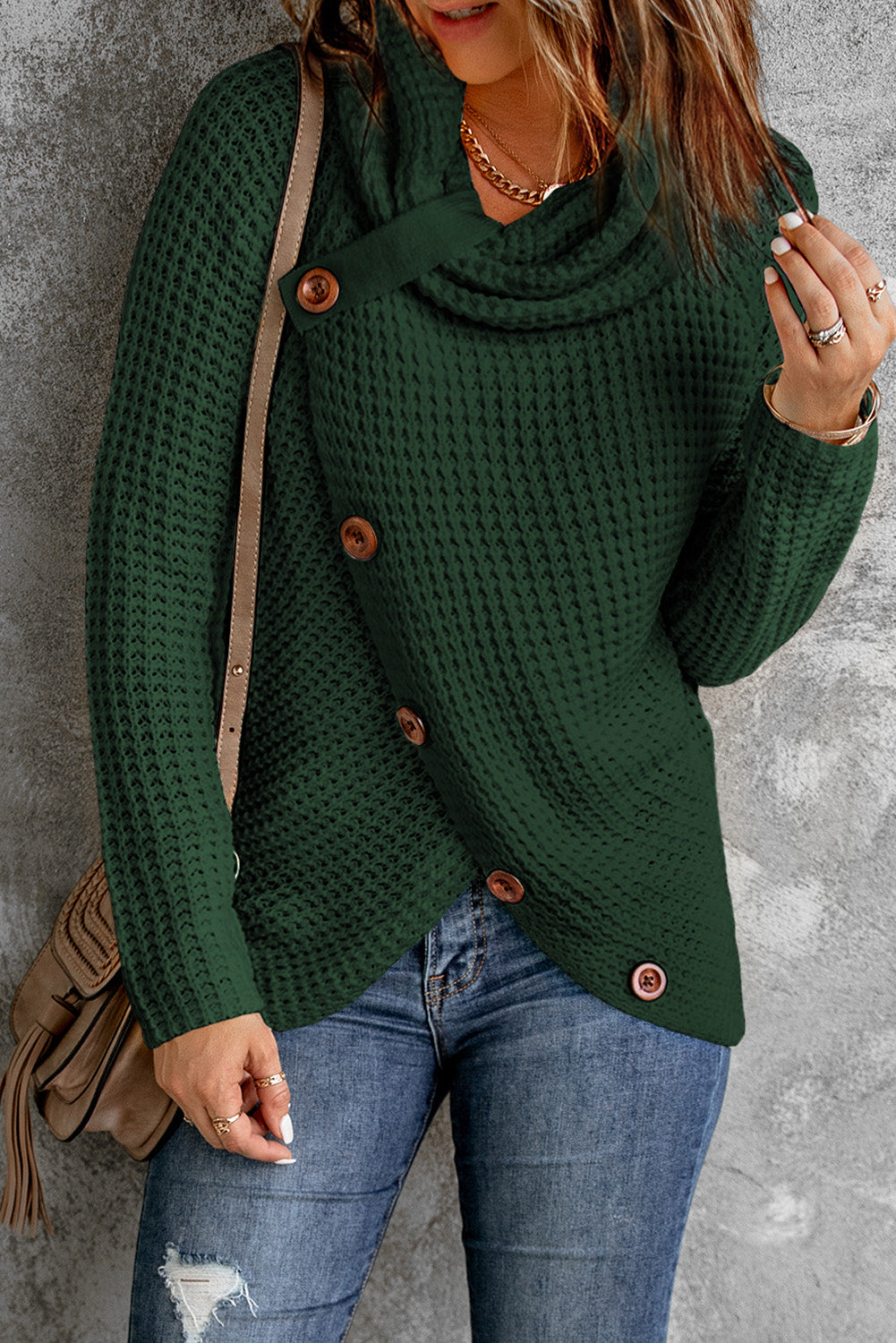 Olive Green Buttoned Wrap Turtleneck Sweater