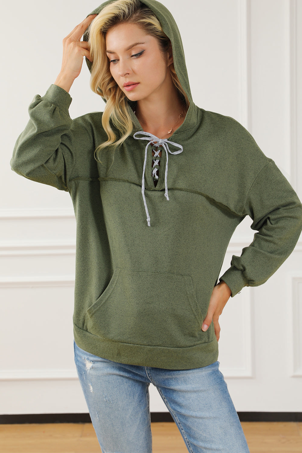 Green Lace up Marble Print Loose Hoodie