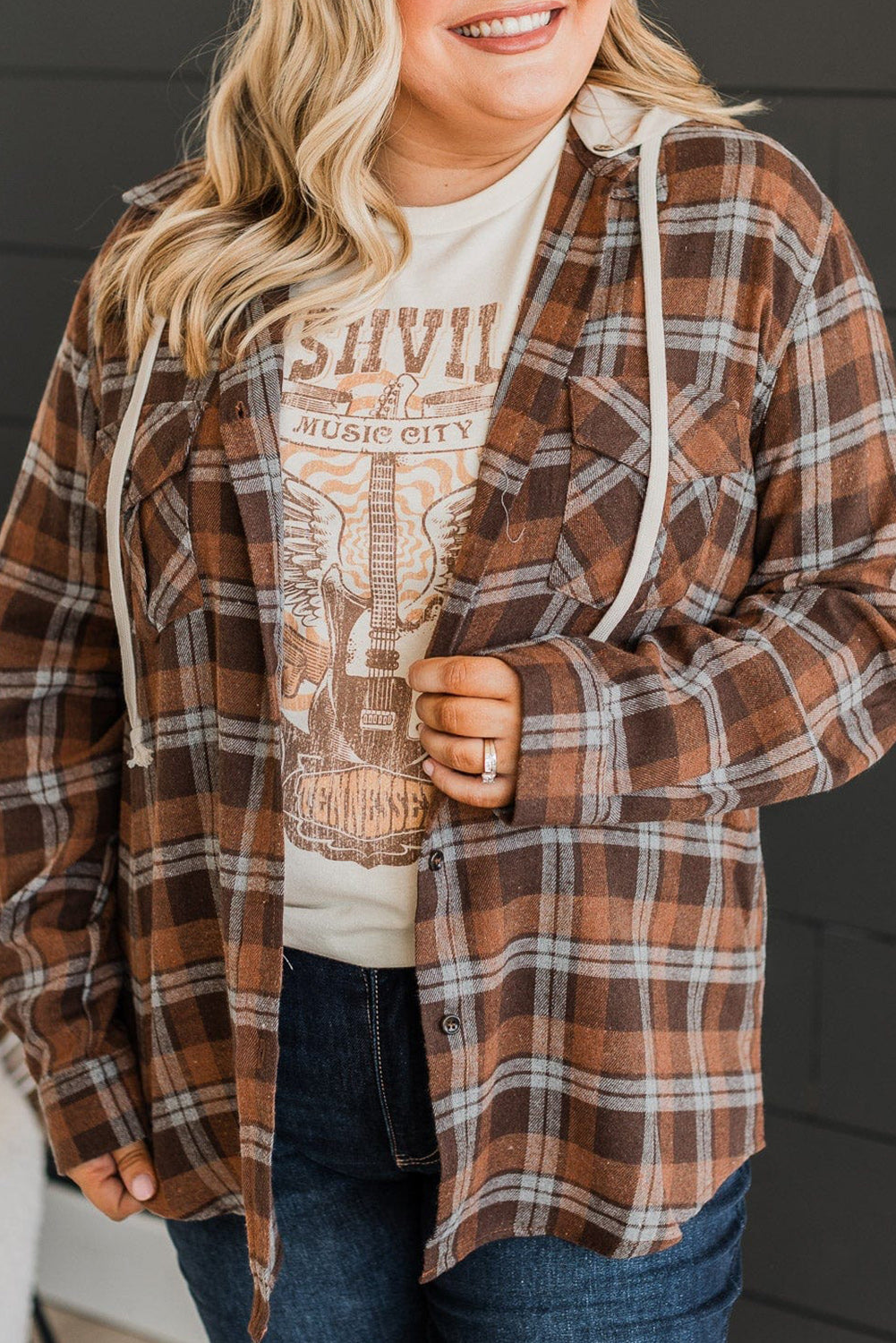 Brown Plus Size Plaid Contrast Button up Hooded Jacket