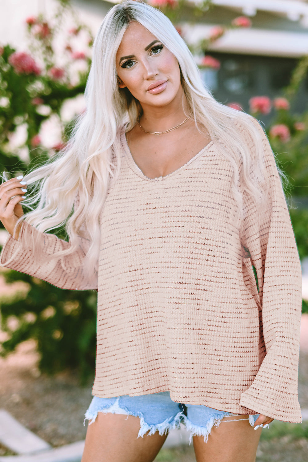 Pink Waffled Knit Long Sleeve V-Neck Frayed Top