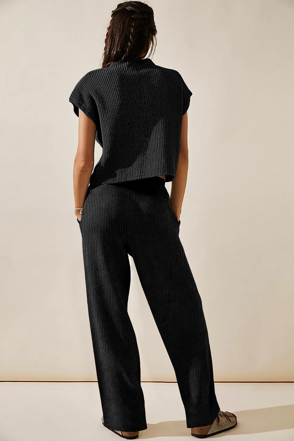 Black Knitted V Neck Sweater and Casual Pants Set