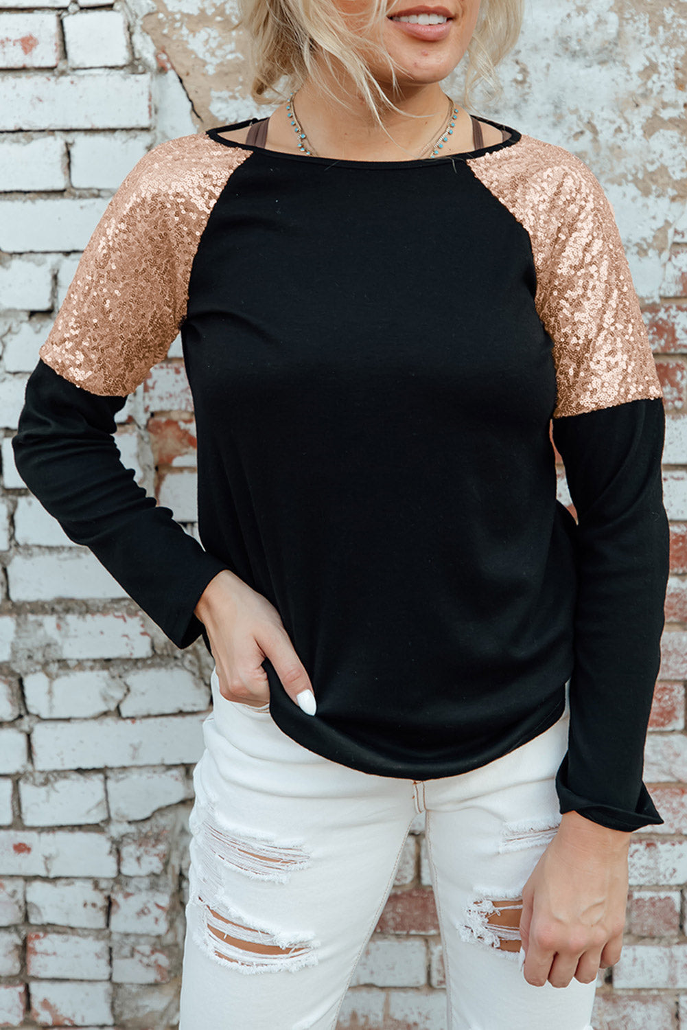 Black Sequin Shoulder Long Sleeve Top