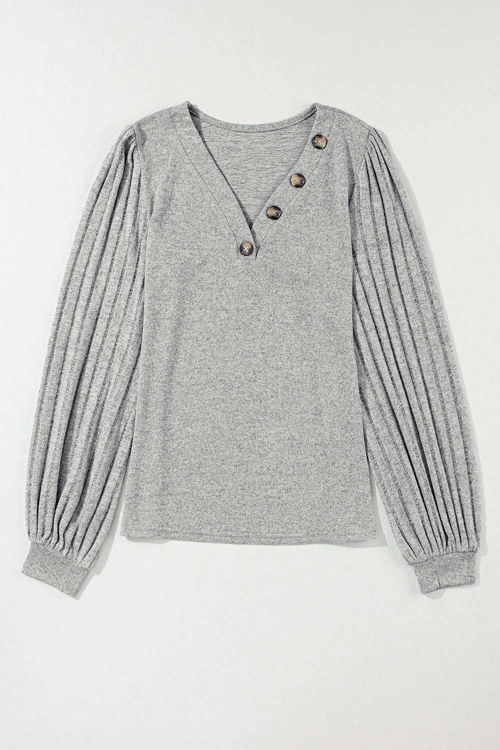 Light Grey Buttoned V Neck Ribbed Puff Sleeve Top