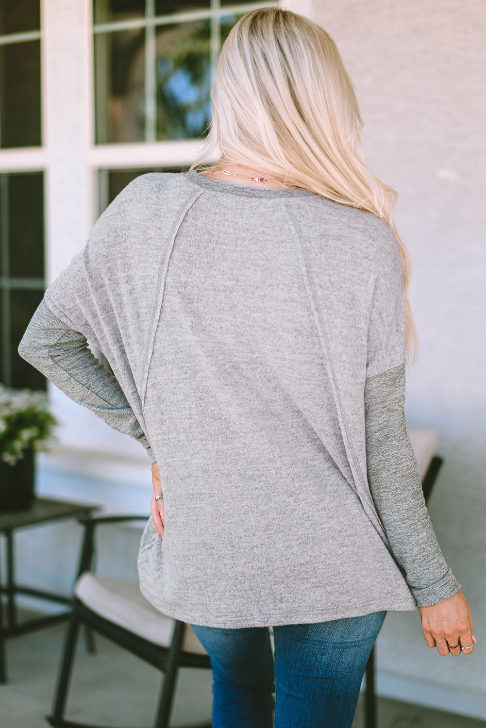 Gray Exposed Seam Patchwork Long Sleeve Top