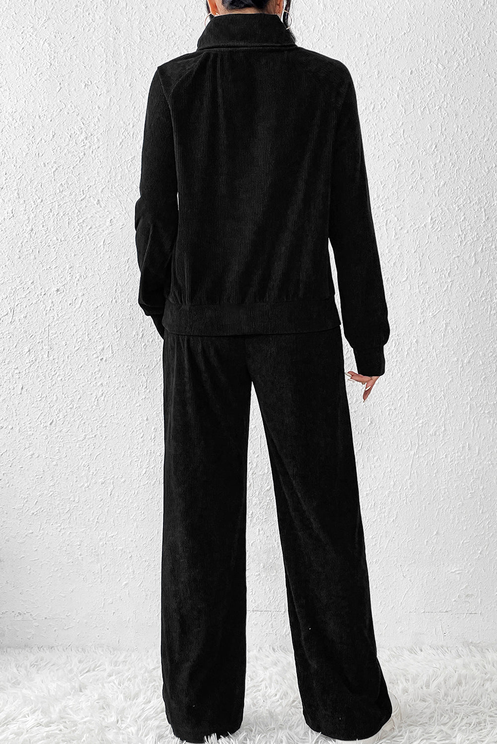 Black Solid Color Corduroy High Neck Top and Pants Two Piece Set