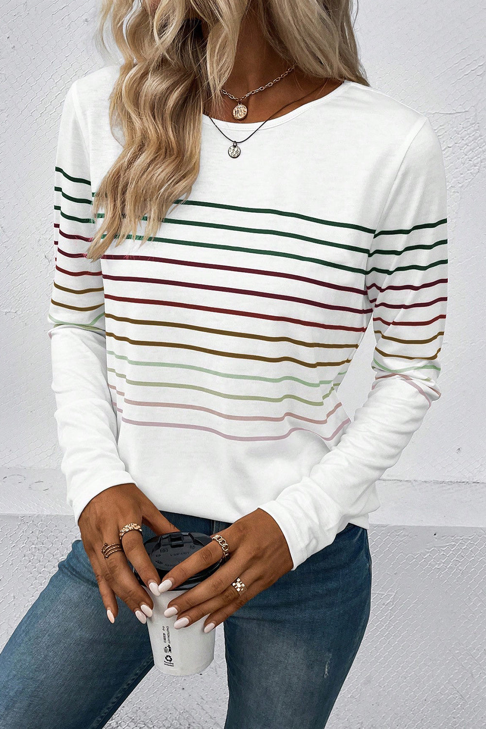 Multicolor Striped Crew Neck Long Sleeve Top