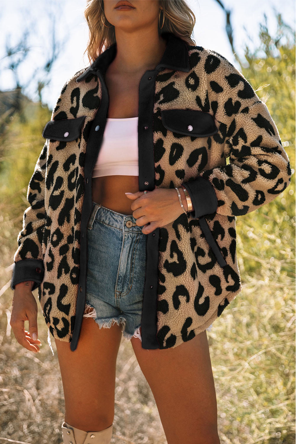 Black Contrast Trimmed Leopard Teddy Shacket