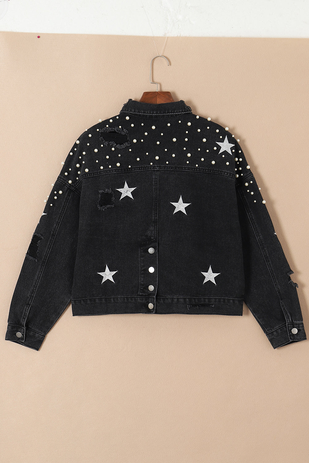 Black Distressed Pearls Star Cropped Denim Jacket