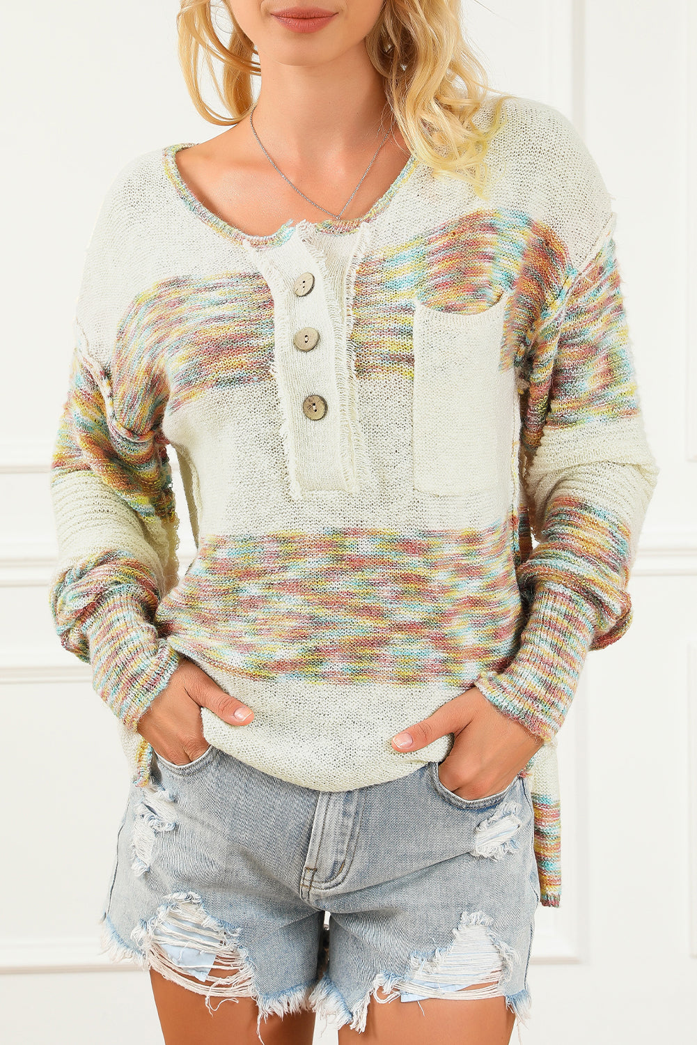 Multicolor Space Dye Henley Knit Sweater