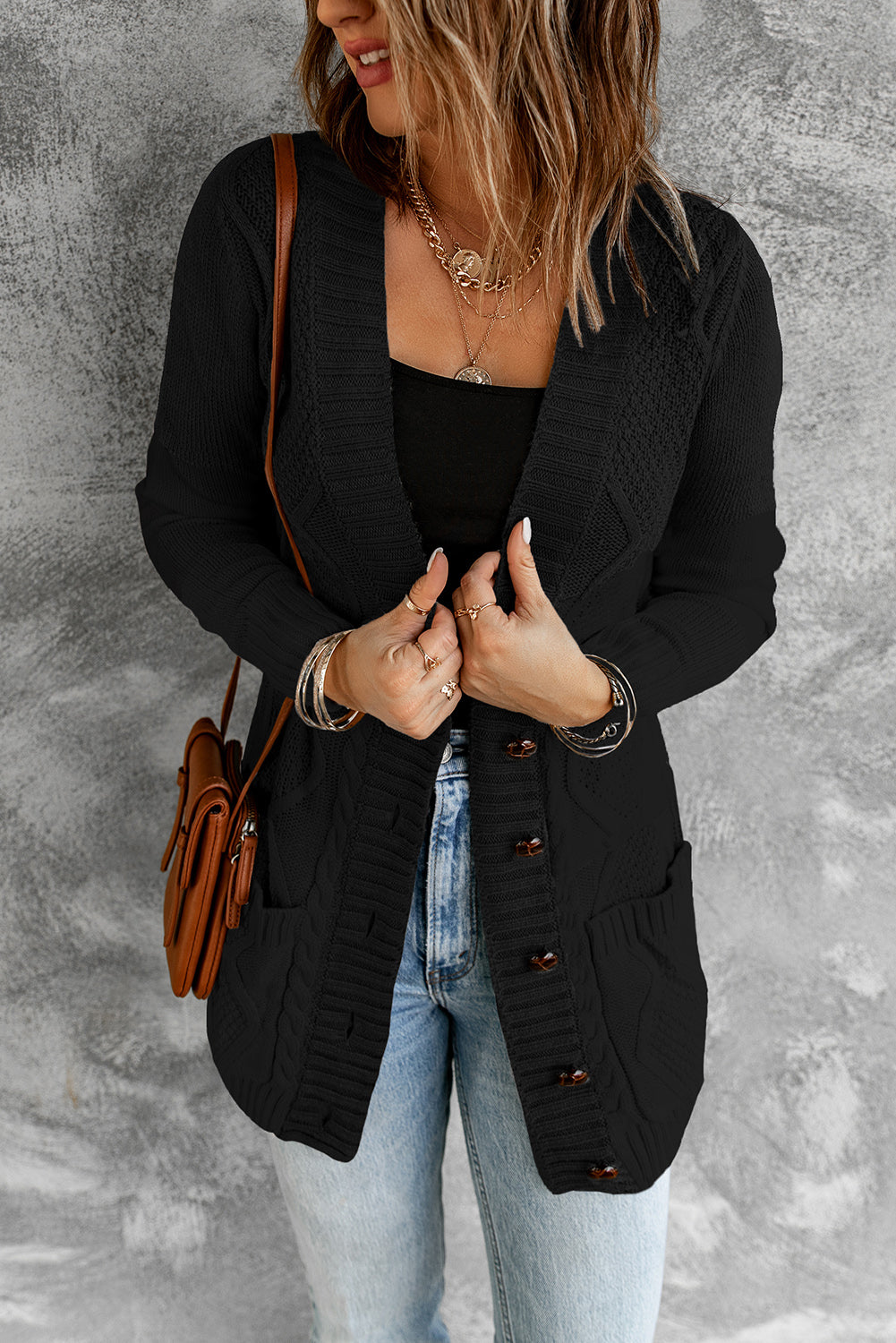 Black Front Pocket and Buttons Closure Cardigan