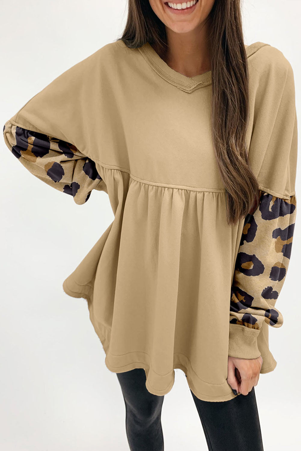 Khaki Leopard Splicing Sleeve Ruffle Loose Sweatshirt