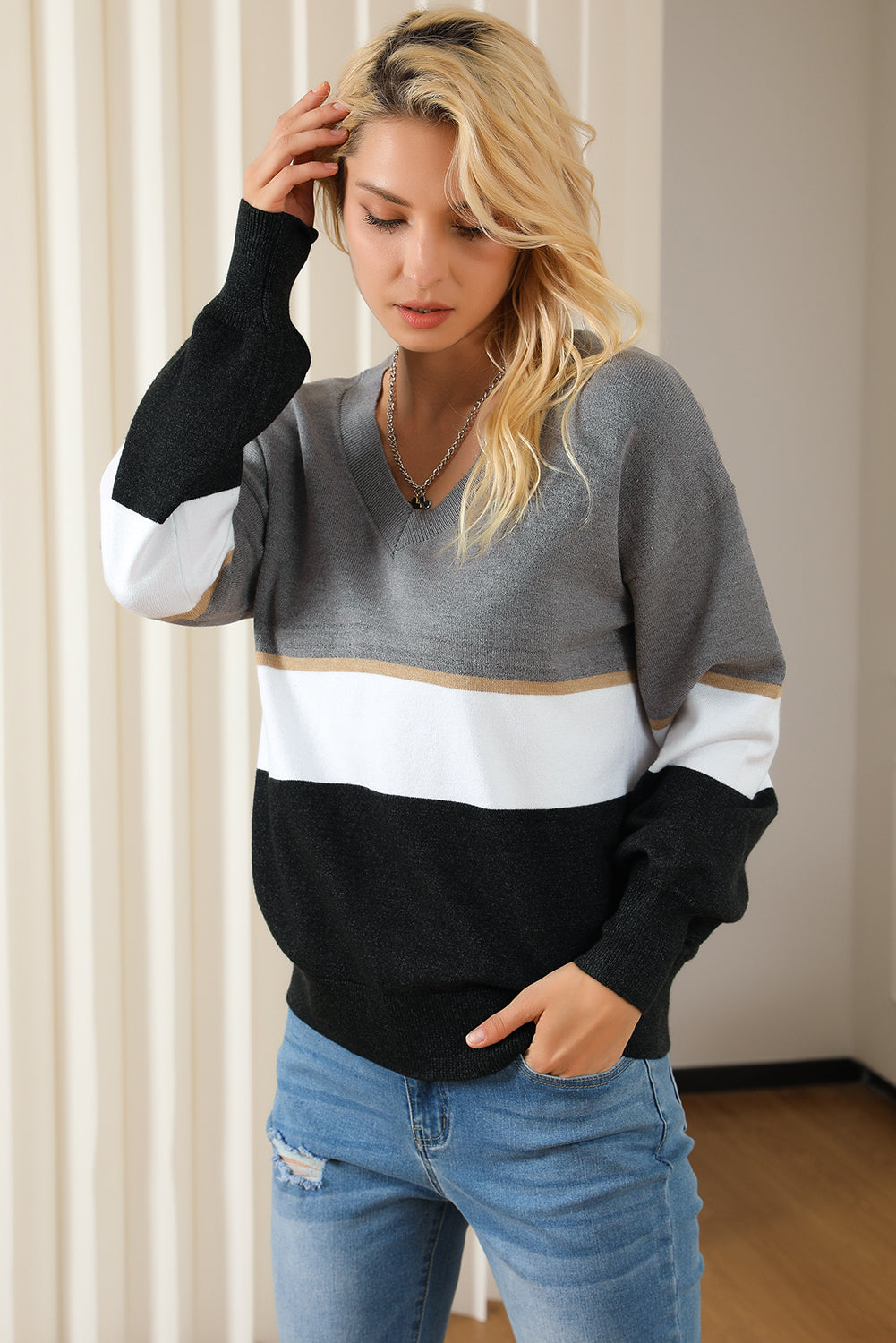 Gray Colorblock V Neck Sweater