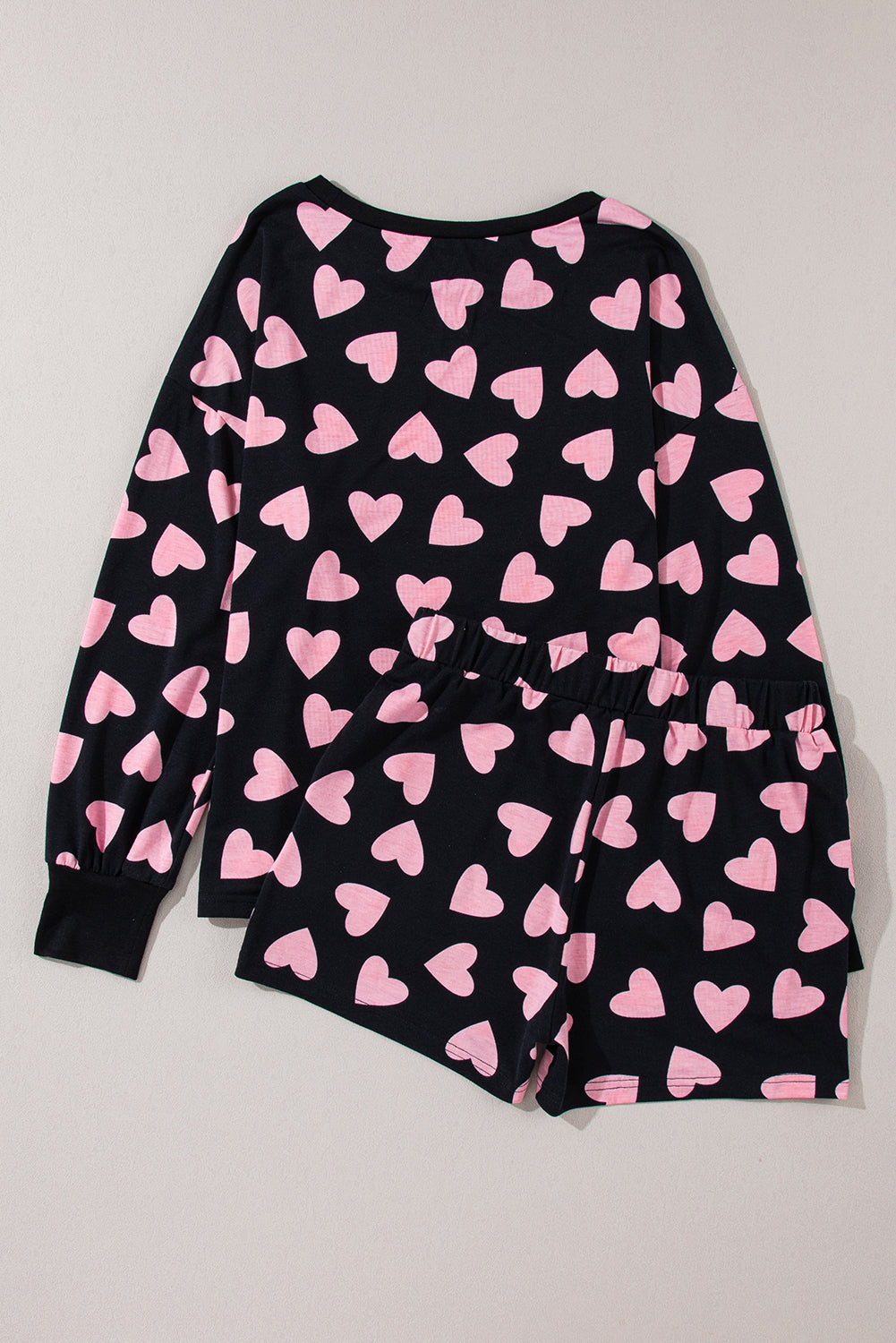 Black Valentine Heart Shape Print Long Sleeve Top Shorts Lounge Set