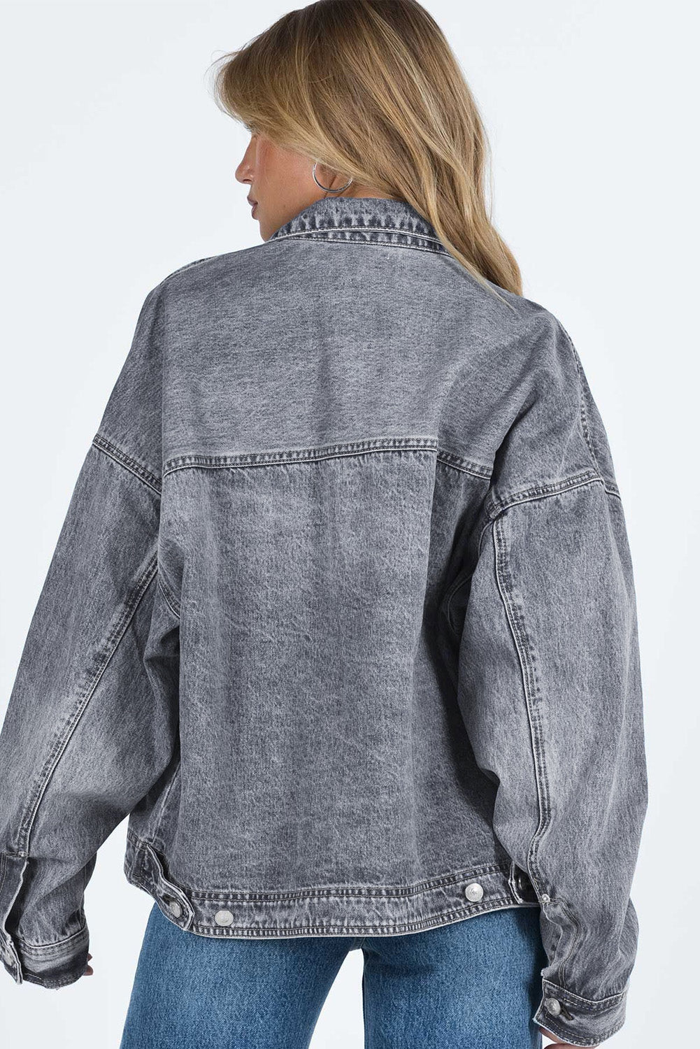 Gray Chest Pockets Drop Shoulder Loose Denim Jacket