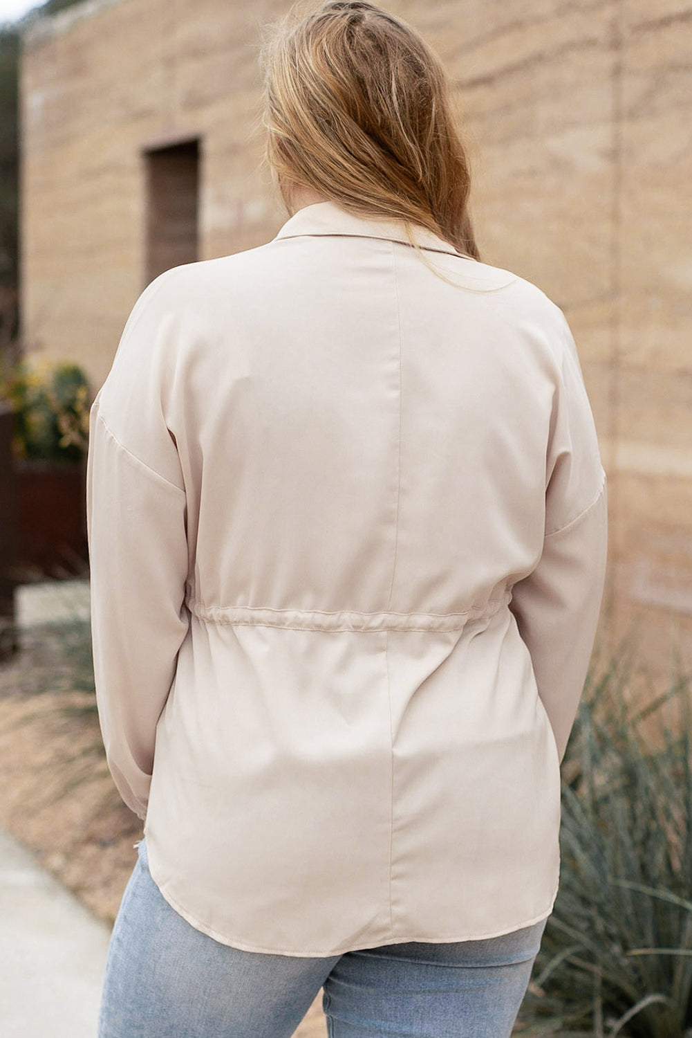 Light French Beige Plus Size Puff Sleeve Tied Tunic Shirt