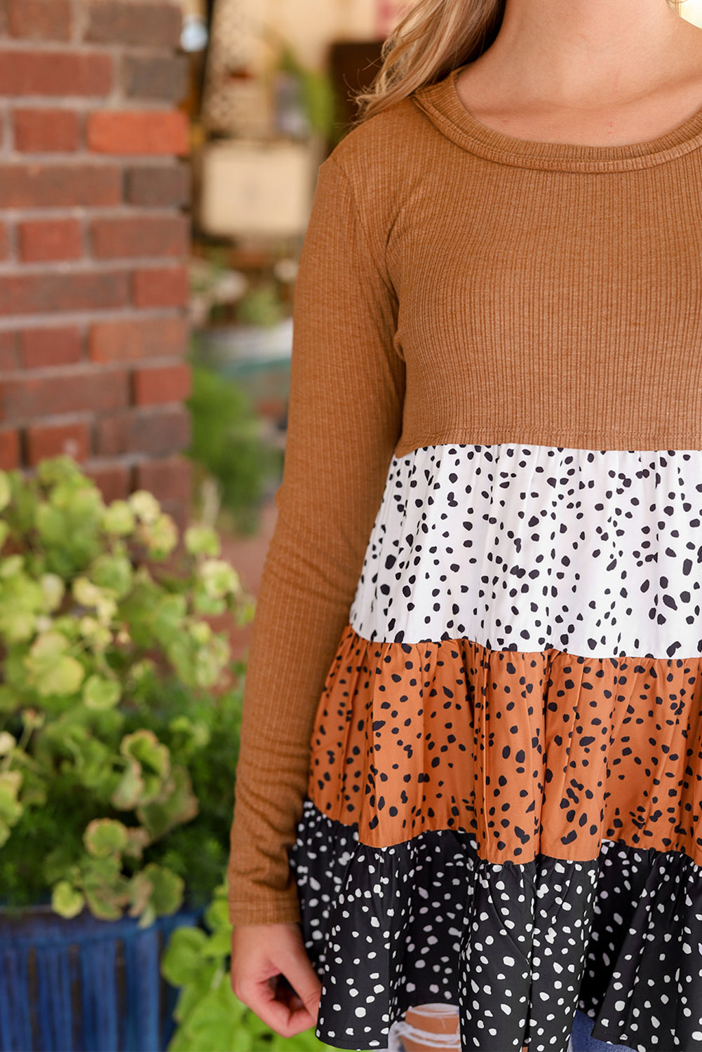 Brown Ribbed Long Sleeve Dotted Tiered Ruffled Flowy Top