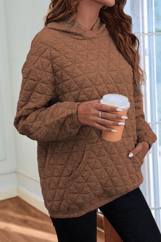 Coffee Solid Color Quilted Kangaroo Pocket Hoodie