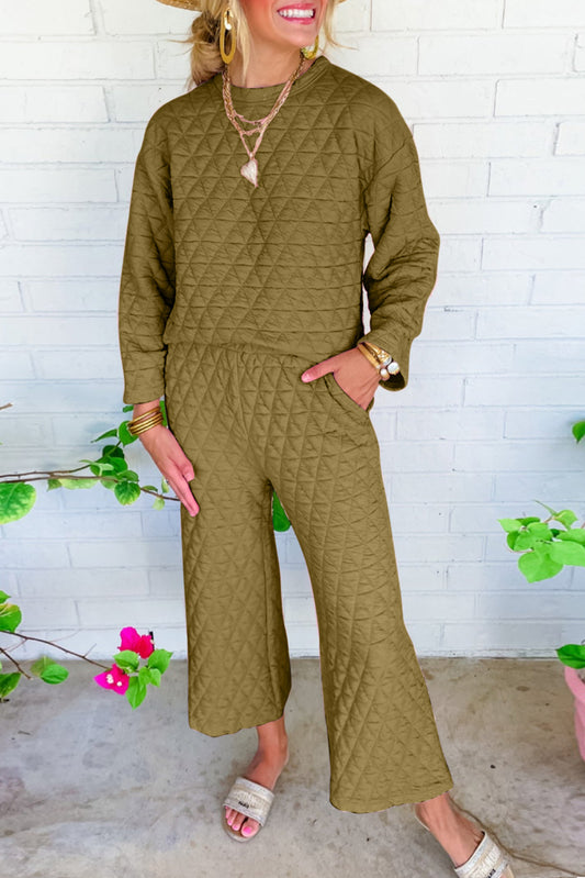 Sage Green Solid Quilted Pullover and Pants Outfit