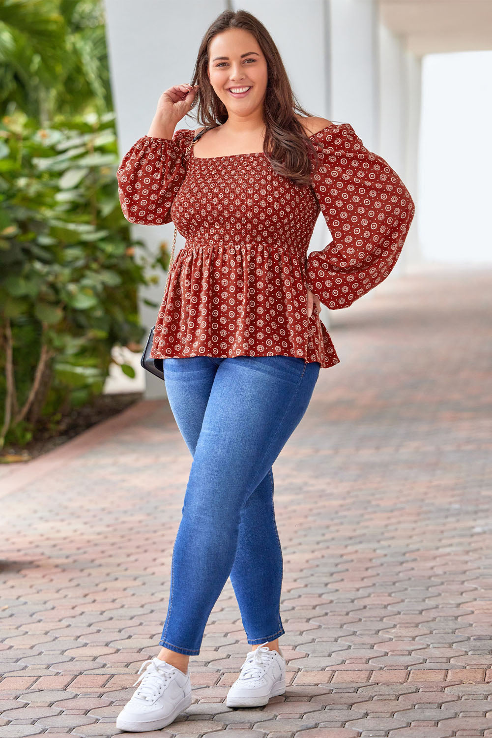 Fiery Red Plus Size Square Neck Printed Peplum Top