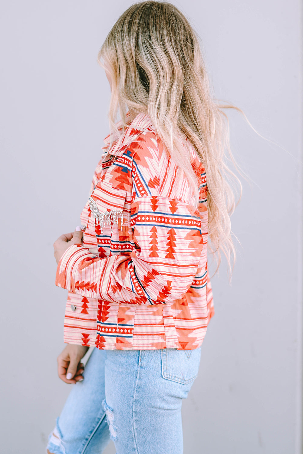 Fiery Red Western Aztec Print Corduroy Jacket