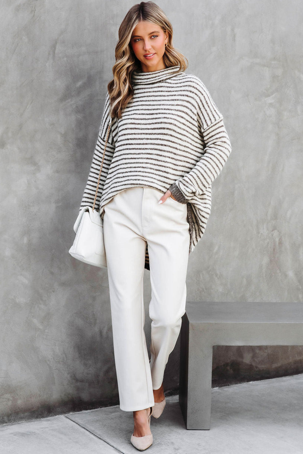 Khaki Striped Turtleneck Loose Sweater