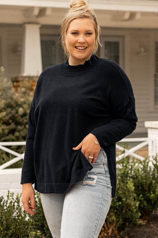 Black Plus Size Side Slits High Neck Loose Sweater