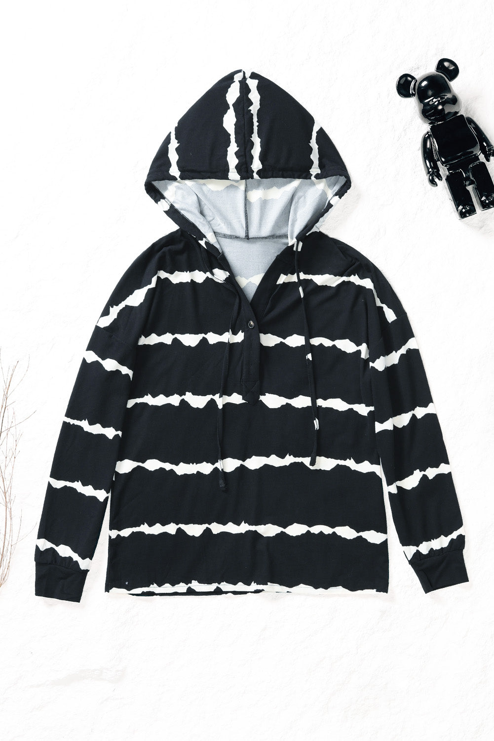 Black Striped Drawstring Button Long Sleeve Hoodie