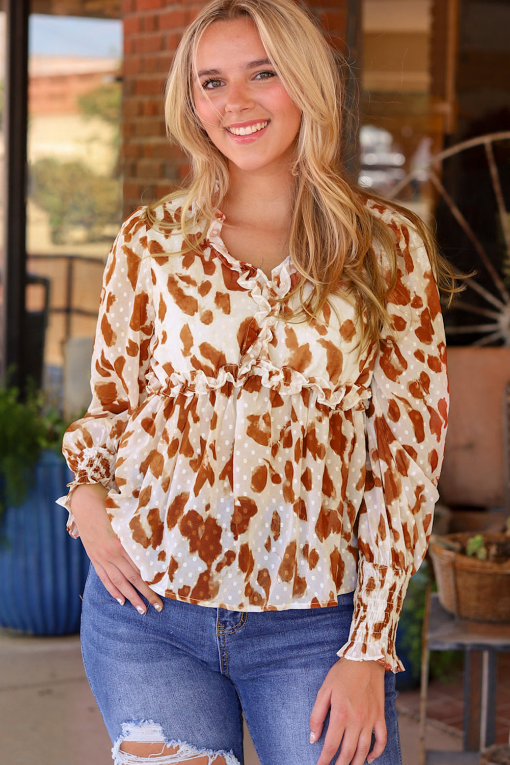 Leopard Jacquard Puff Sleeve Peplum Blouse