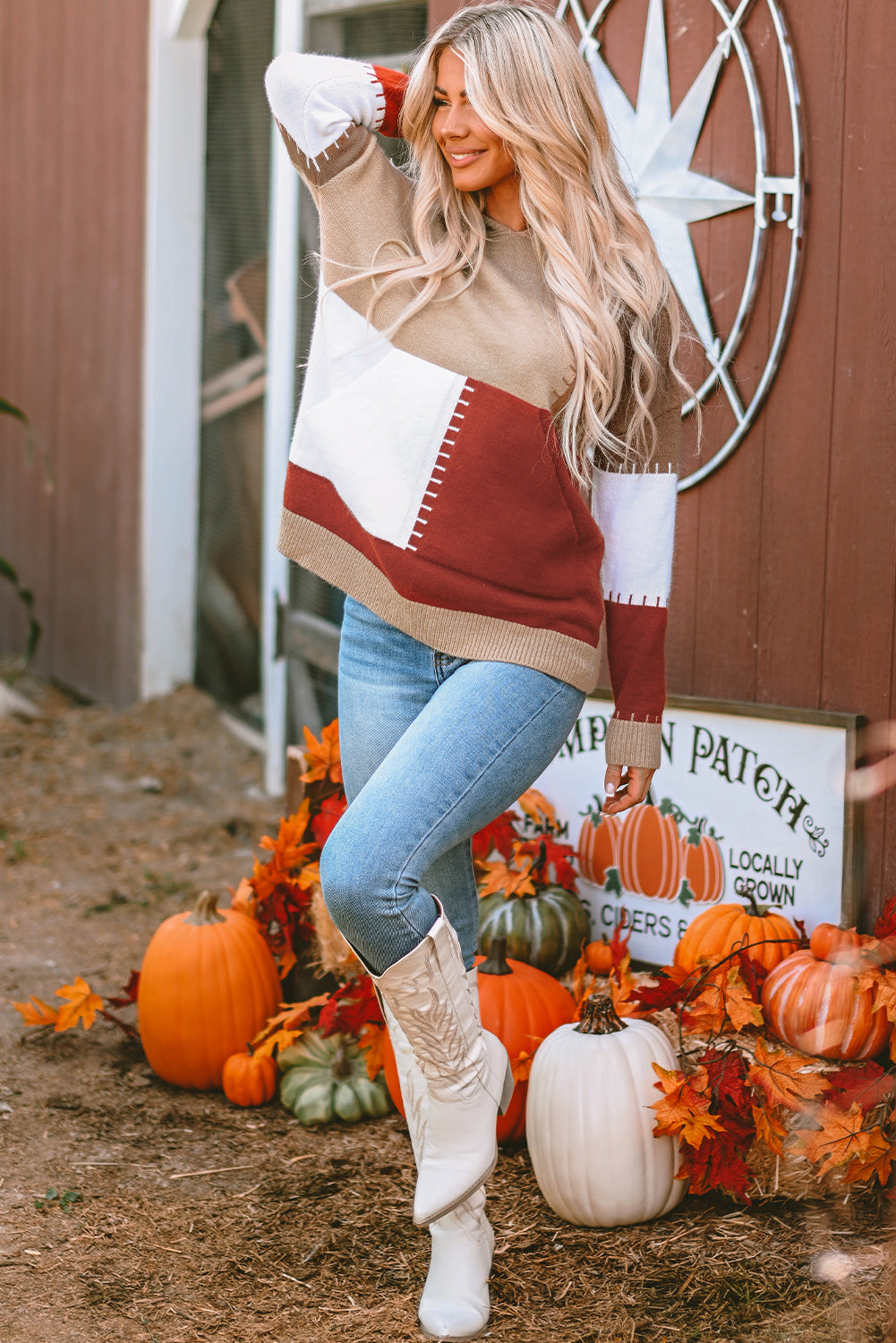 Brown Color Block Kangaroo Pocket Hooded Sweater