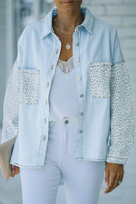 Sky Blue Contrast Leopard Denim Jacket