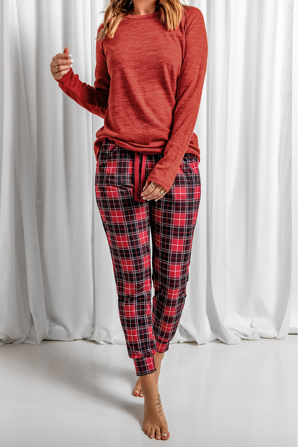 Solid Long Sleeve Top and Plaid Pants Loungewear