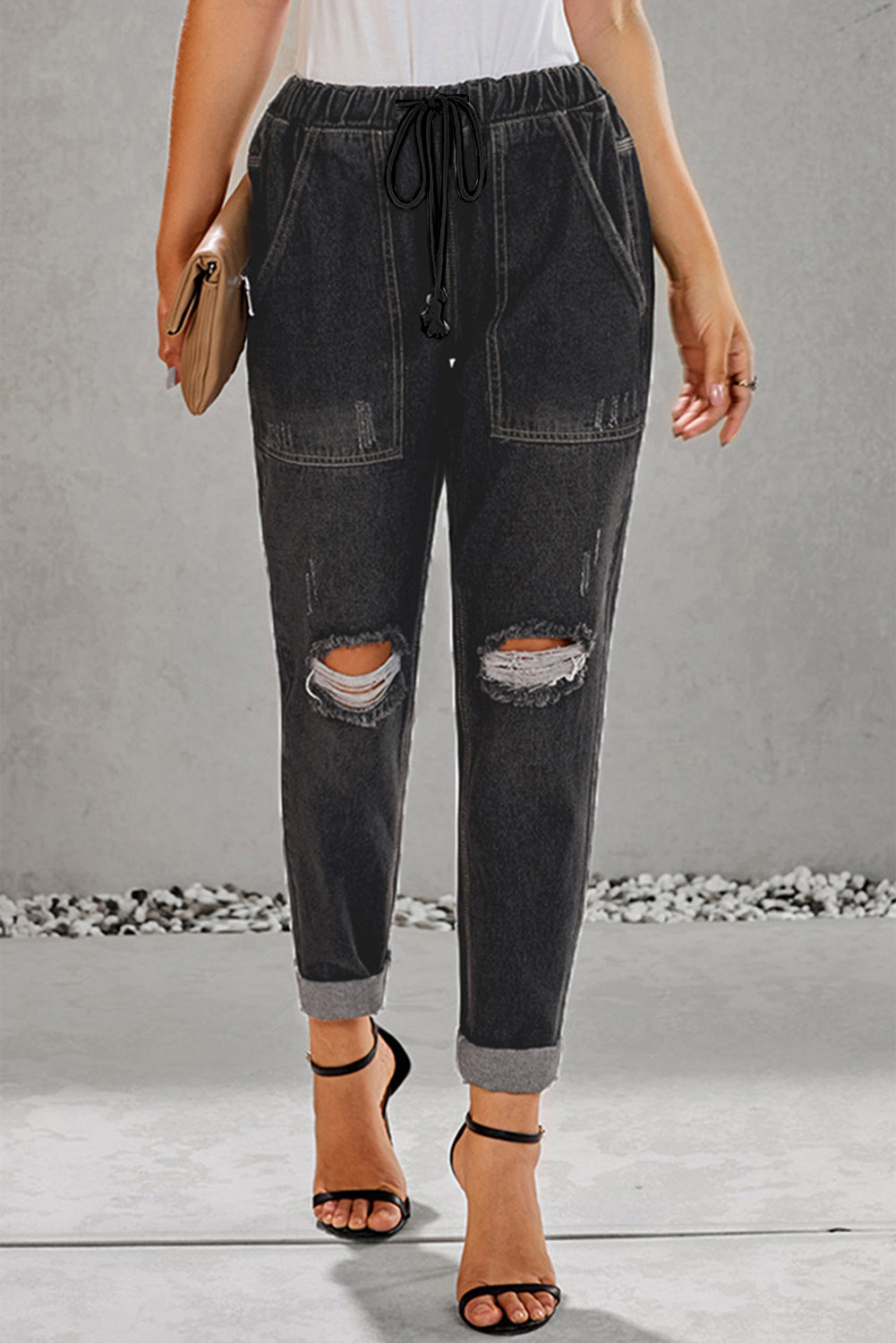 Black Gather Round Distressed Pocketed Denim Jogger