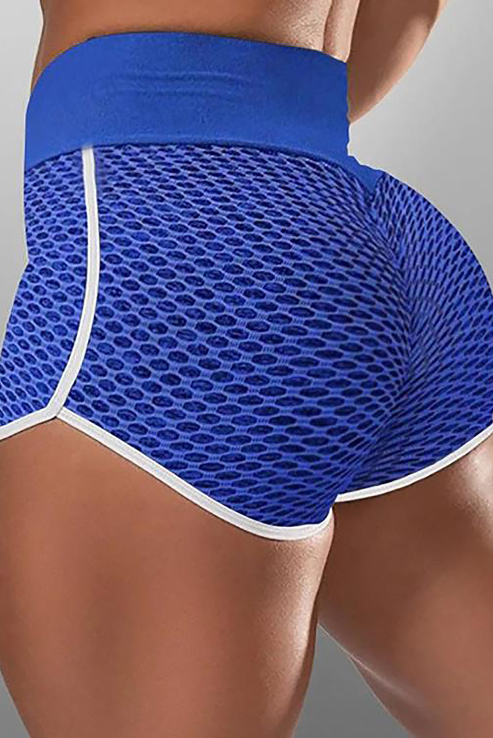 Blue High Waist Honeycomb Contrast Stripes Butt Lifting Yoga Shorts