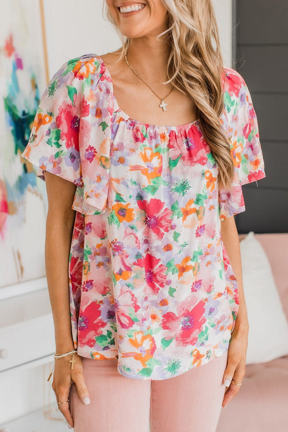 Multicolor Watercolor Floral Square Neck Ruffle Sleeve Blouse