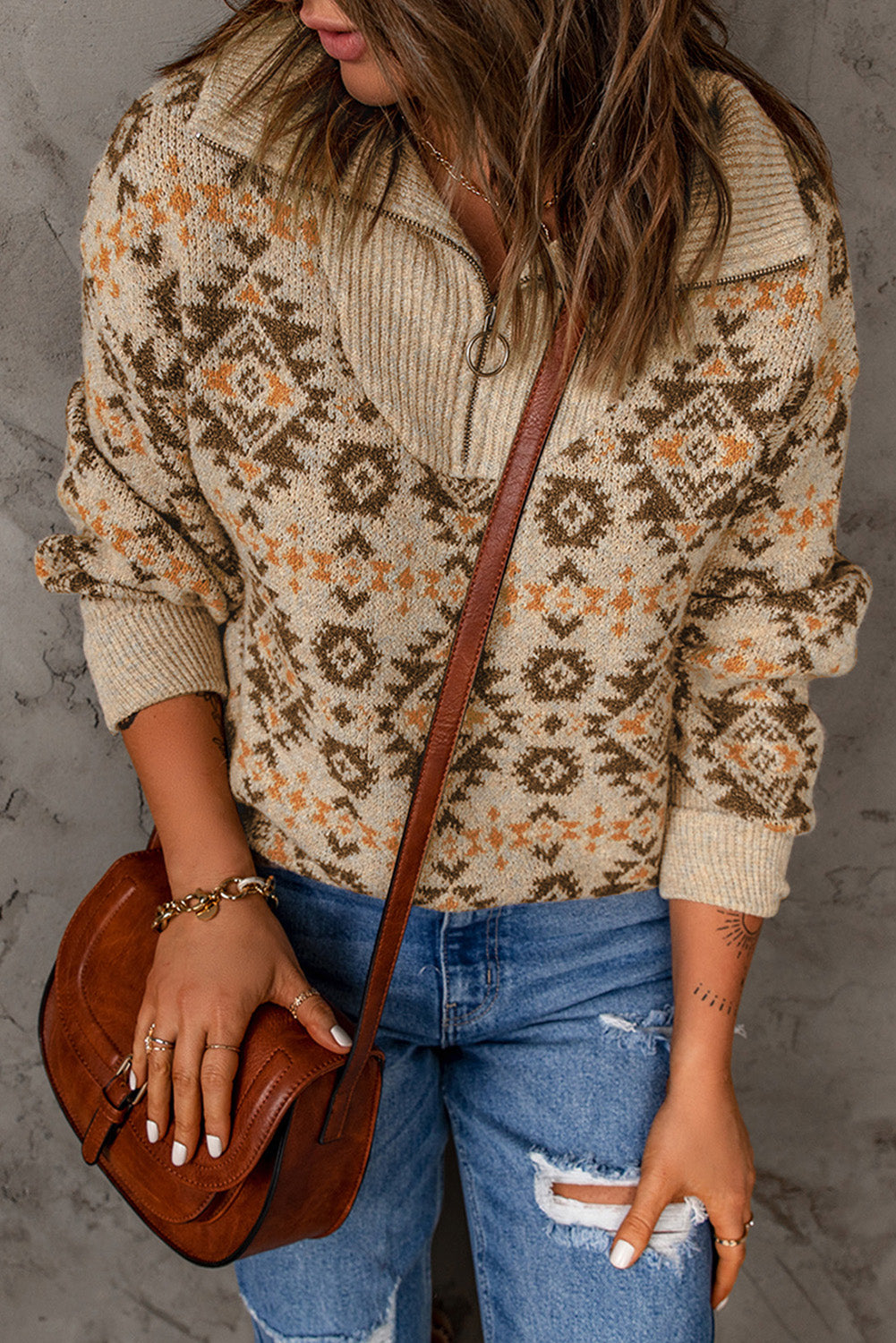 Khaki Aztec Knitted Drop Shoulder Zipped Sweater