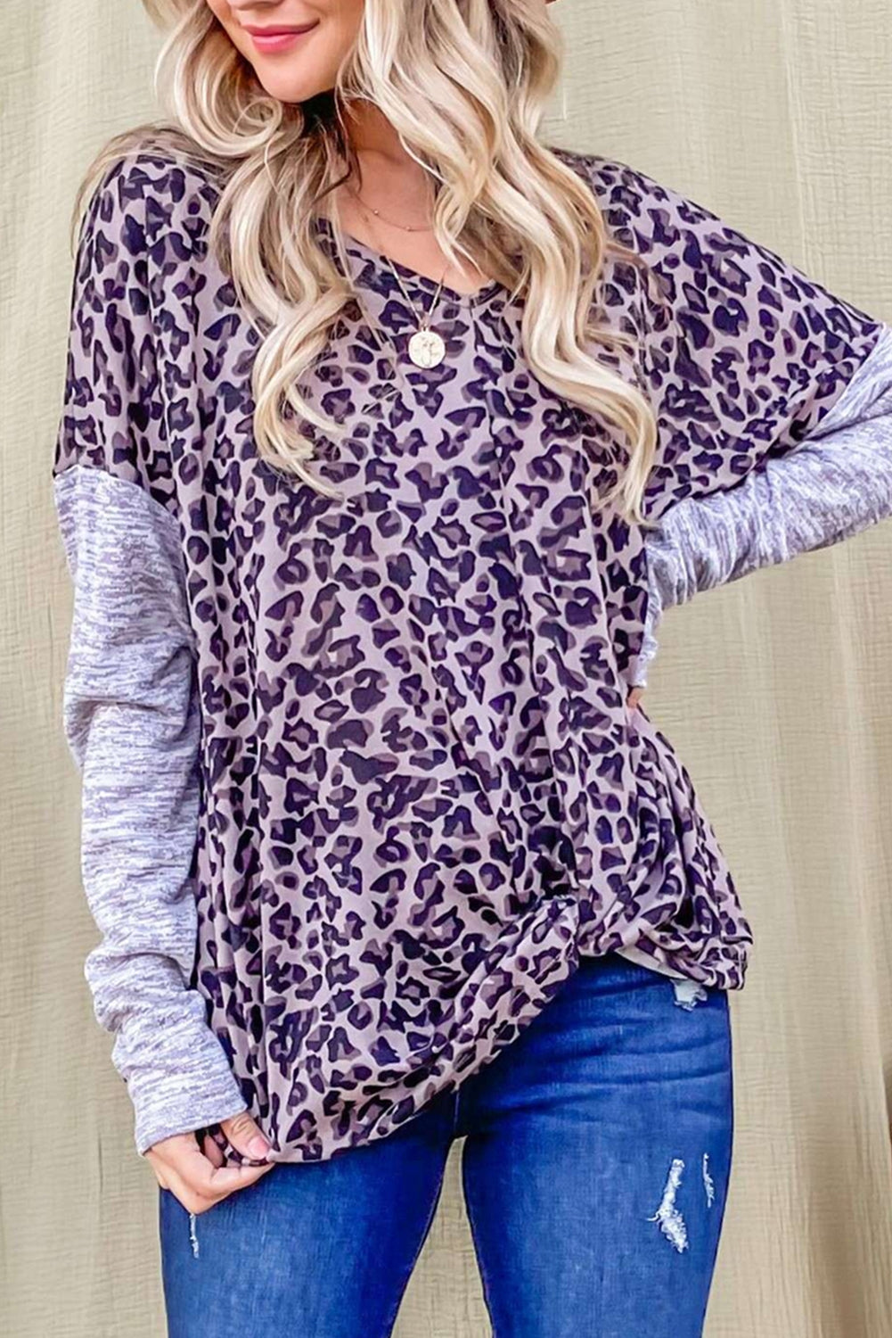 Leopard Print Drop Shoulder Patchwork Sleeve Top