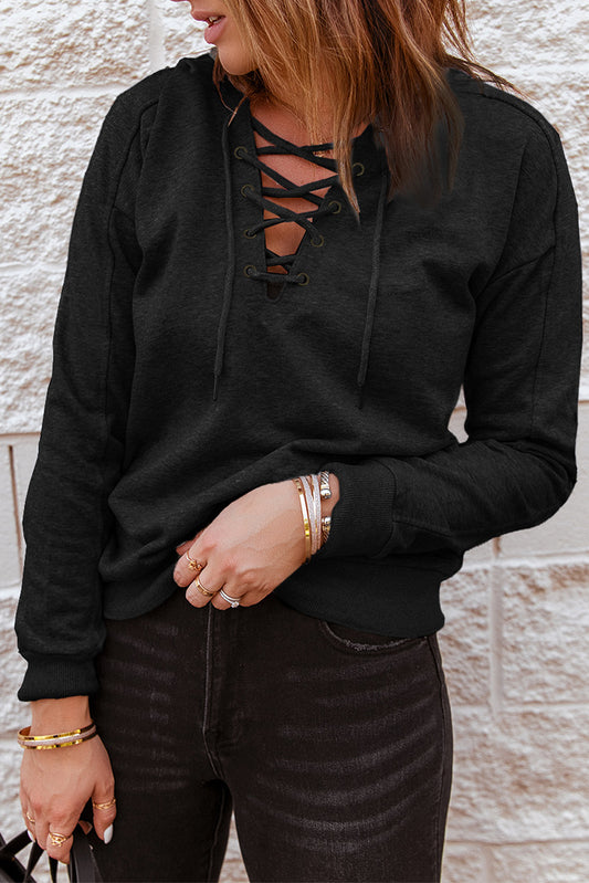 Black Casual Solid Color Lace-up Hoodie