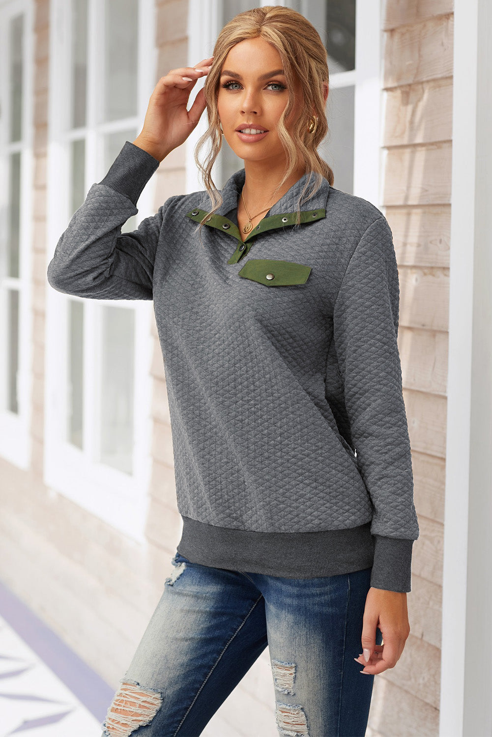 Dark Gray Quilted Snaps Stand Neck Sweatshirt with Fake Front Pocket