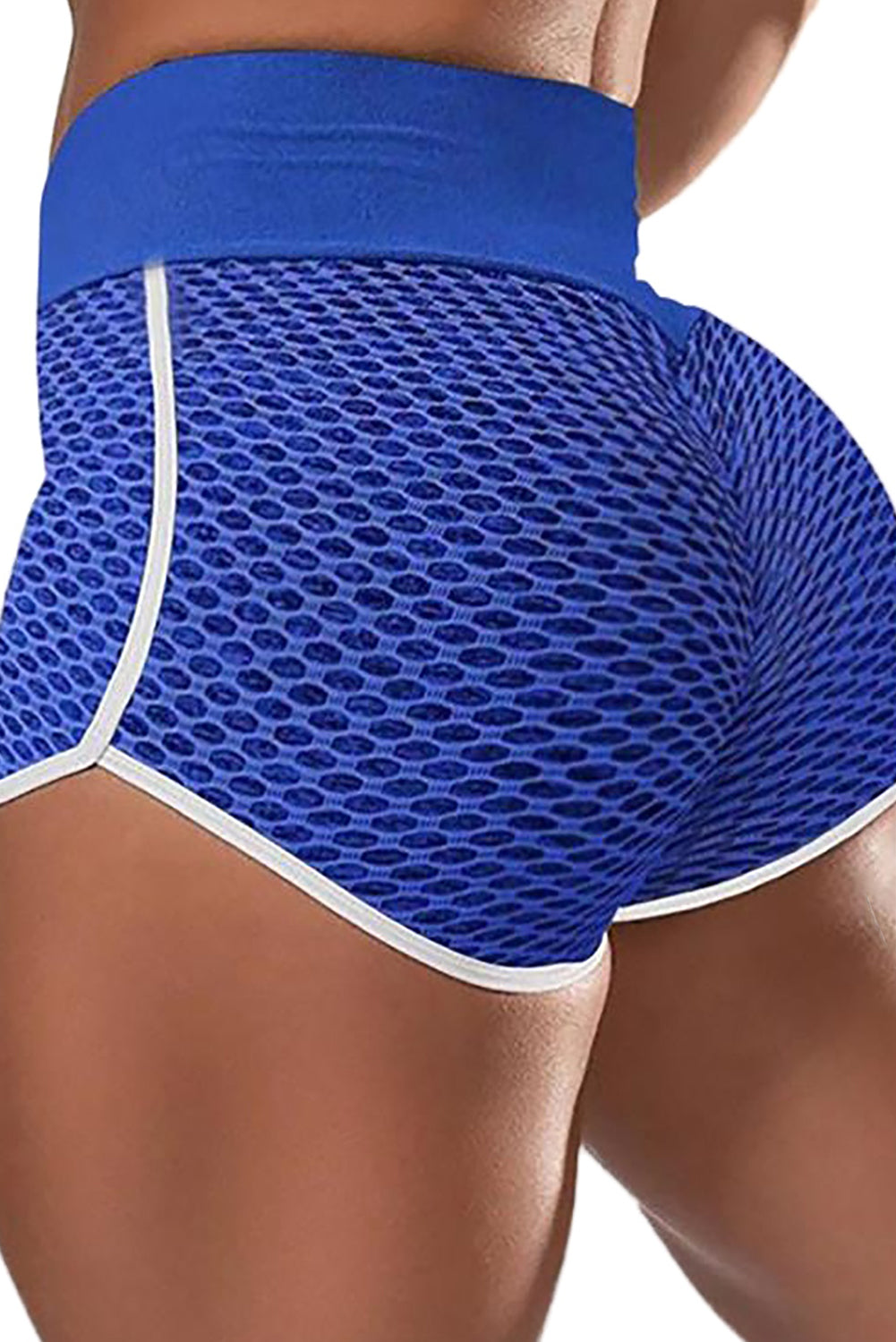 Blue High Waist Honeycomb Contrast Stripes Butt Lifting Yoga Shorts