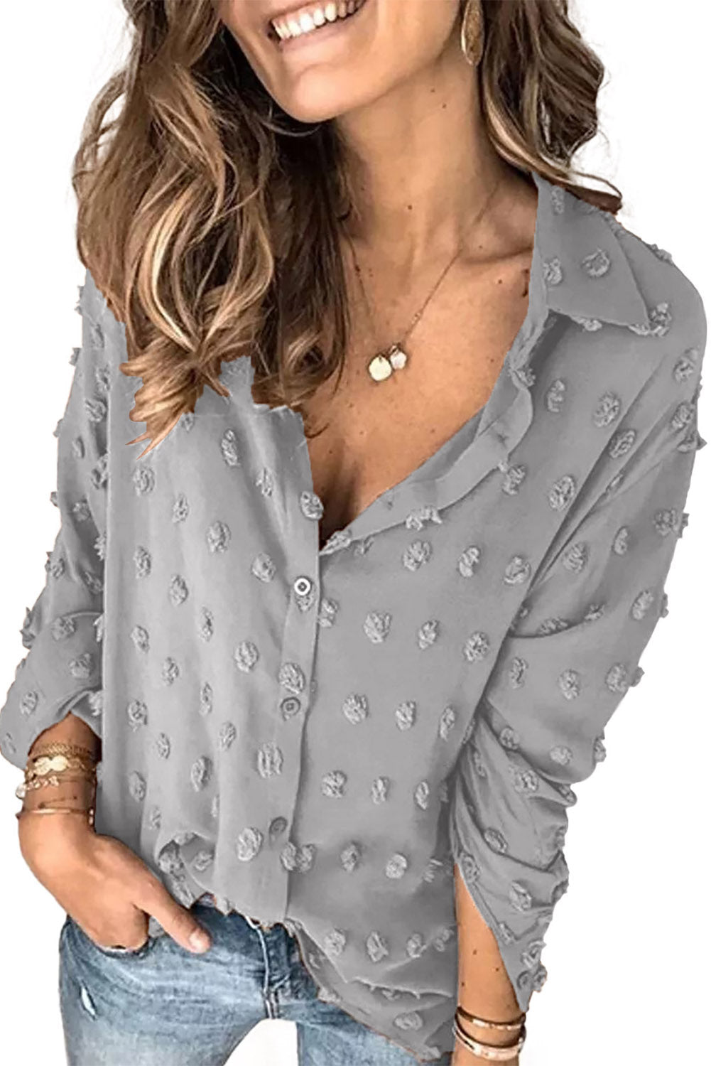 Gray Long Sleeve Button Fuzzy Polka Dot Shirt