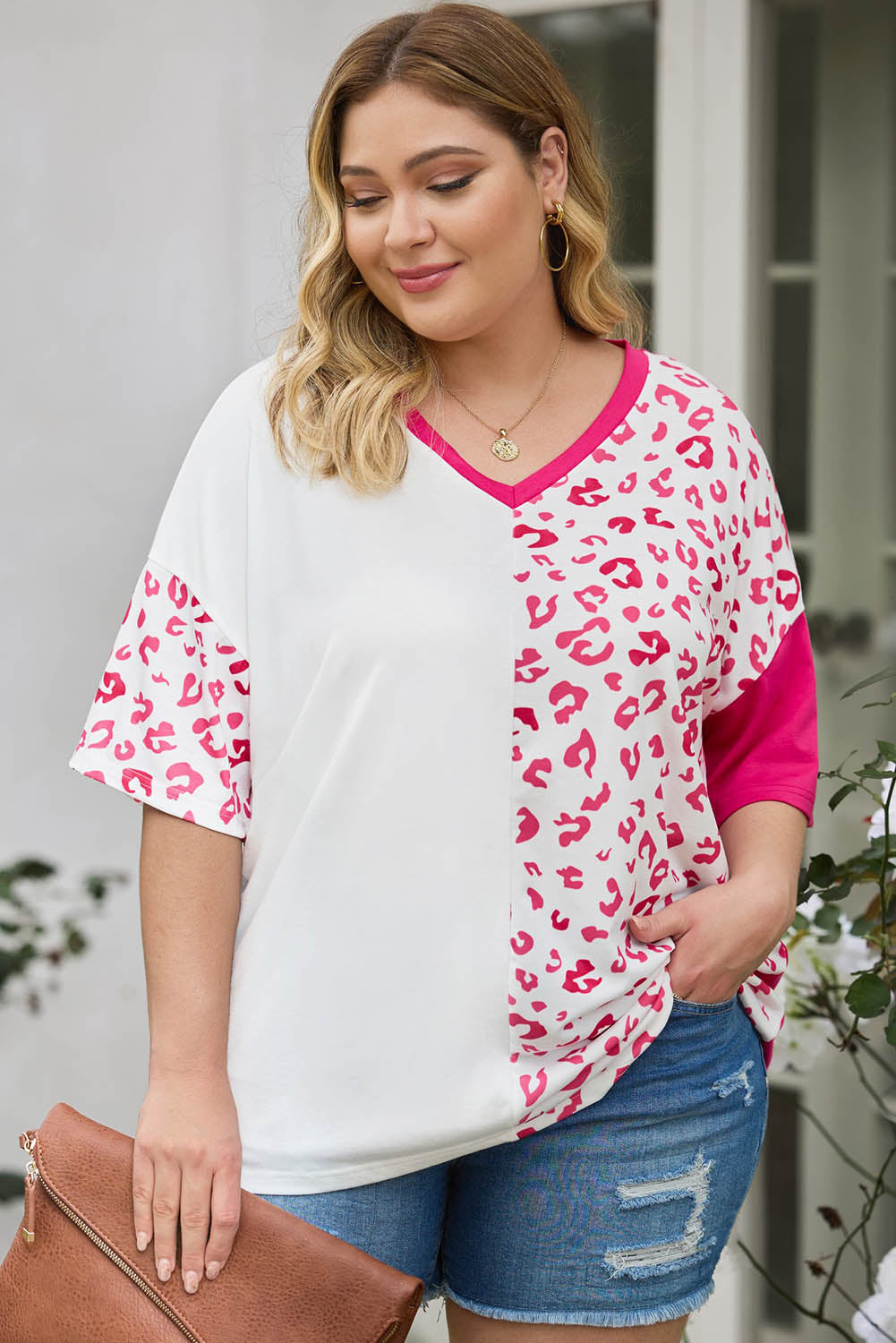 Rose Plus Size Leopard Patchwork Short Sleeve Top