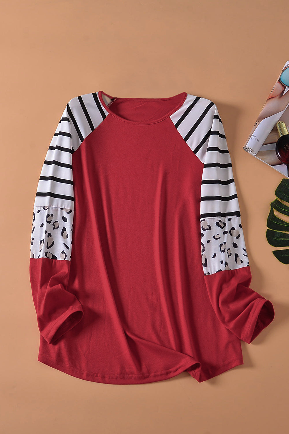 Red Striped Animal Print Colorblock Long Sleeve Top